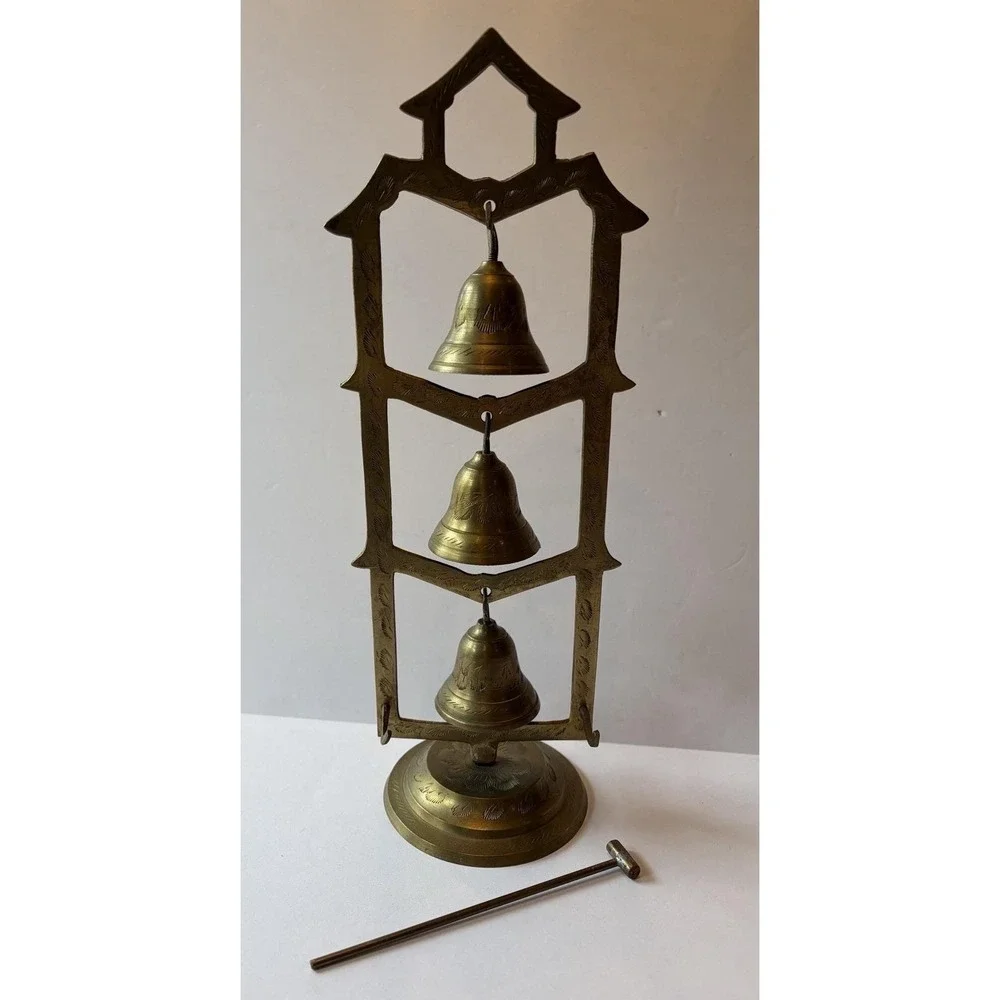 Vintage Brass Bell Tree 3 Etched Bells Stand Striker India Meditation Boho